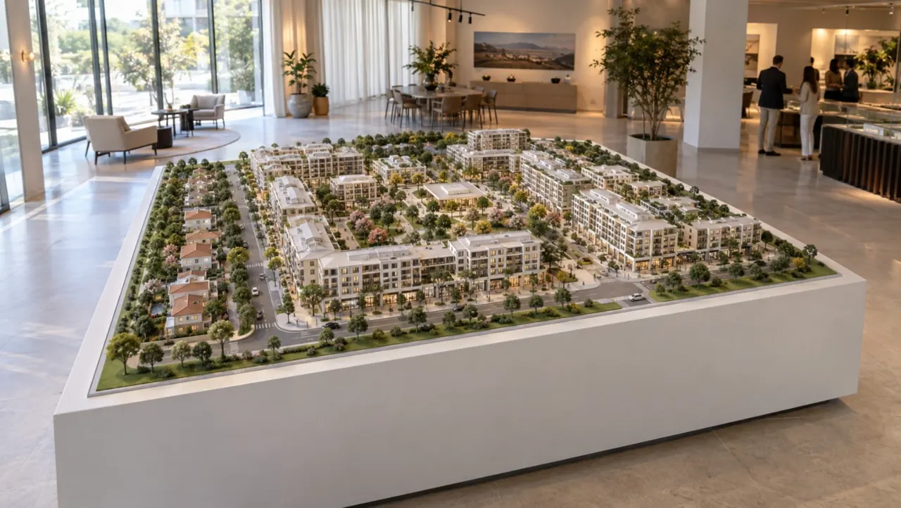 Maquete de bairro planejado em bancada de lançamento imobiliário, ilustração gerada por IA